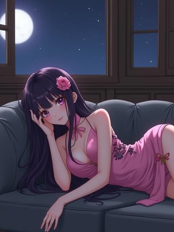 Illustration of a beautiful anime woman lying on a plush light black sofa. She wears a sleeveless pink dress with black floral patterns and a mandarin collar. Dark purple hair flows loosely over her shoulders. A pink rose decorates her hair. A full moon is visible through a nearby window, illuminating the night sky.