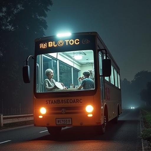 Image of a bus with illuminated signage. Two people sitting inside the bus. Night setting with a dim atmosphere. Focus on the bus and passengers. Street is empty with trees in background.