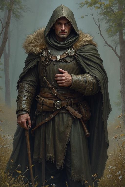 A detailed illustration of a ranger character wearing a hooded cloak in a mystical forest. The ranger has a confident stance with a walking stick. The color palette includes yellow, black, and orange.