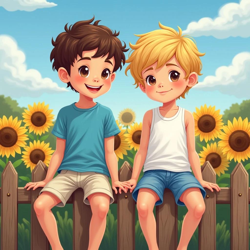 Portrait of two boys with brown and blonde hair sitting on a picket fence. One boy wears a blue t-shirt and the other a white tank top. They are in light colored jean shorts. Background features sunflowers, a blue sky, and fluffy white clouds.