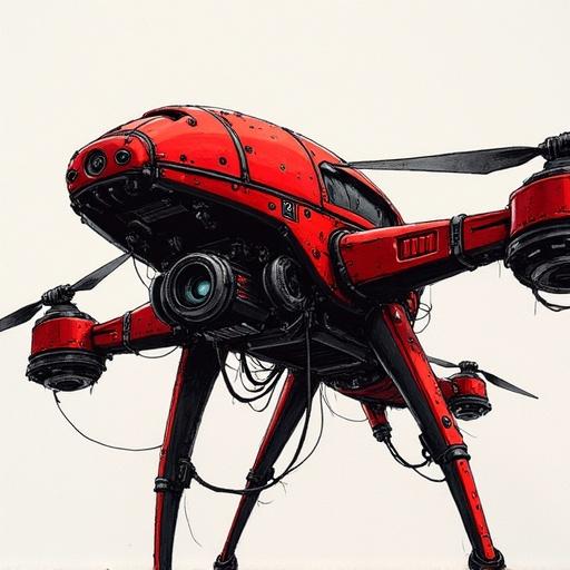 Close-up artwork of a surveillance drone. The drone features a red and black color scheme. It has intricate linework in the style of ink paintings. The design resembles biomechanical elements. The artwork draws inspiration from the aesthetic of Blame! and Half-Life 2.