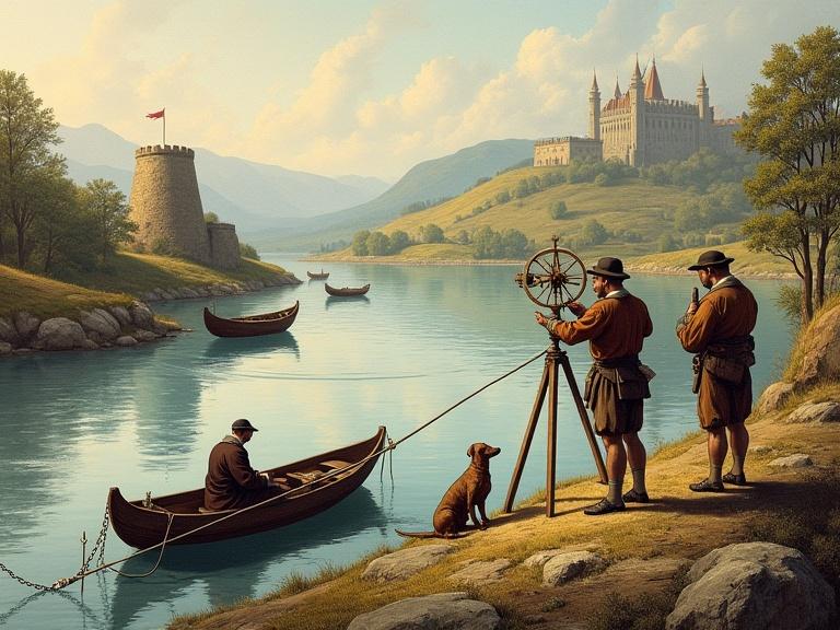 Detailed artwork depicting surveyors measuring a river with traditional tools. Two individuals focused on their tasks; one on shore and one in a boat. A taut measuring line spans the river with weights at both ends. A dog observes nearby. The landscape features rolling hills and a castle in the background, adding depth. Complementary natural elements like trees and rocks enhance realism. The scene conveys collaboration and discovery.