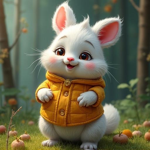 A cheerful white bunny in a yellow jacket stands in a whimsical forest setting. Soft pastel colors and warm lighting give a friendly vibe. The bunny smiles with an adorable expression, surrounded by small fruits on the ground.