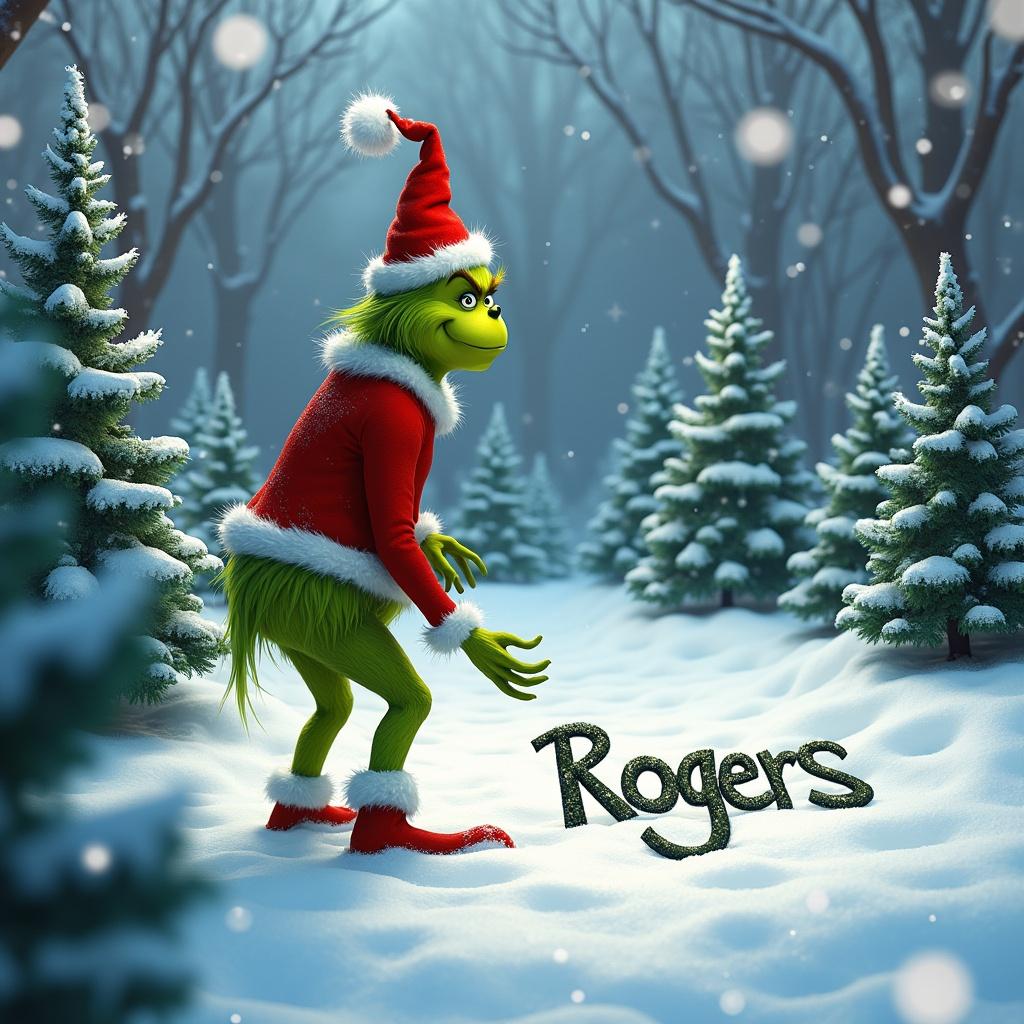 The Grinch is outside in snowy winter. Christmas trees surround. The Grinch is writing 'Rogers' in the snow.