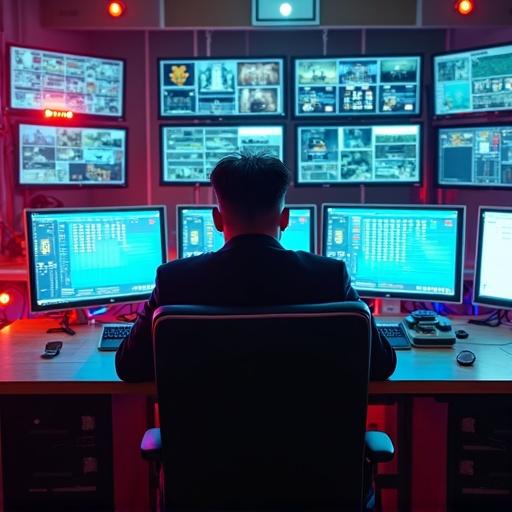 Interior of a high-tech military command center with multiple LED screens and computers. Figure seated in front of screens. Neon colored lights and advanced gadgets visible. Sophisticated electronic devices filling the room.