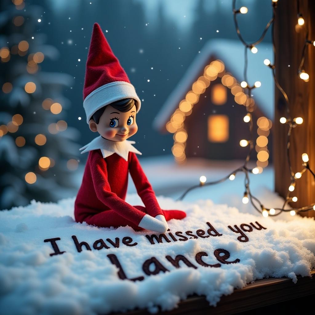 This image features an Elf on the Shelf situated in a picturesque winter wonderland. The elf, dressed in a classic red outfit, is seen writing in the snow with a message that says 'I have missed you Lance'. Behind the elf, a quaint cabin glows warmly with decorative lights. The scene captures the magic and nostalgia of the holiday season. The snowy environment adds a charming touch, evoking feelings of joy and warmth associated with Christmas. Overall, it speaks to the whimsical nature of holiday traditions. The elf's expression reflects playfulness and cheer, making it an engaging festive image.