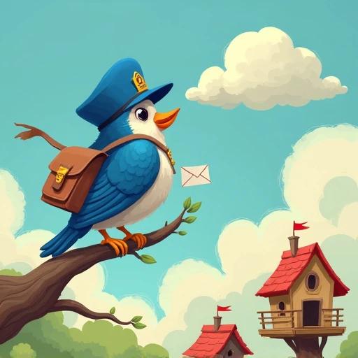 A blue bird acts as a postman. The bird has a satchel. It delivers letters to treehouses. The clouds are shaped like envelopes.