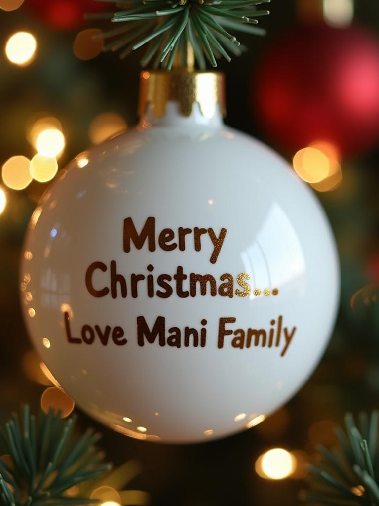 Close-up of white Christmas bauble. Text reads 'Merry Christmas Love Mani Family'. Twinkling lights in background create ambiance.