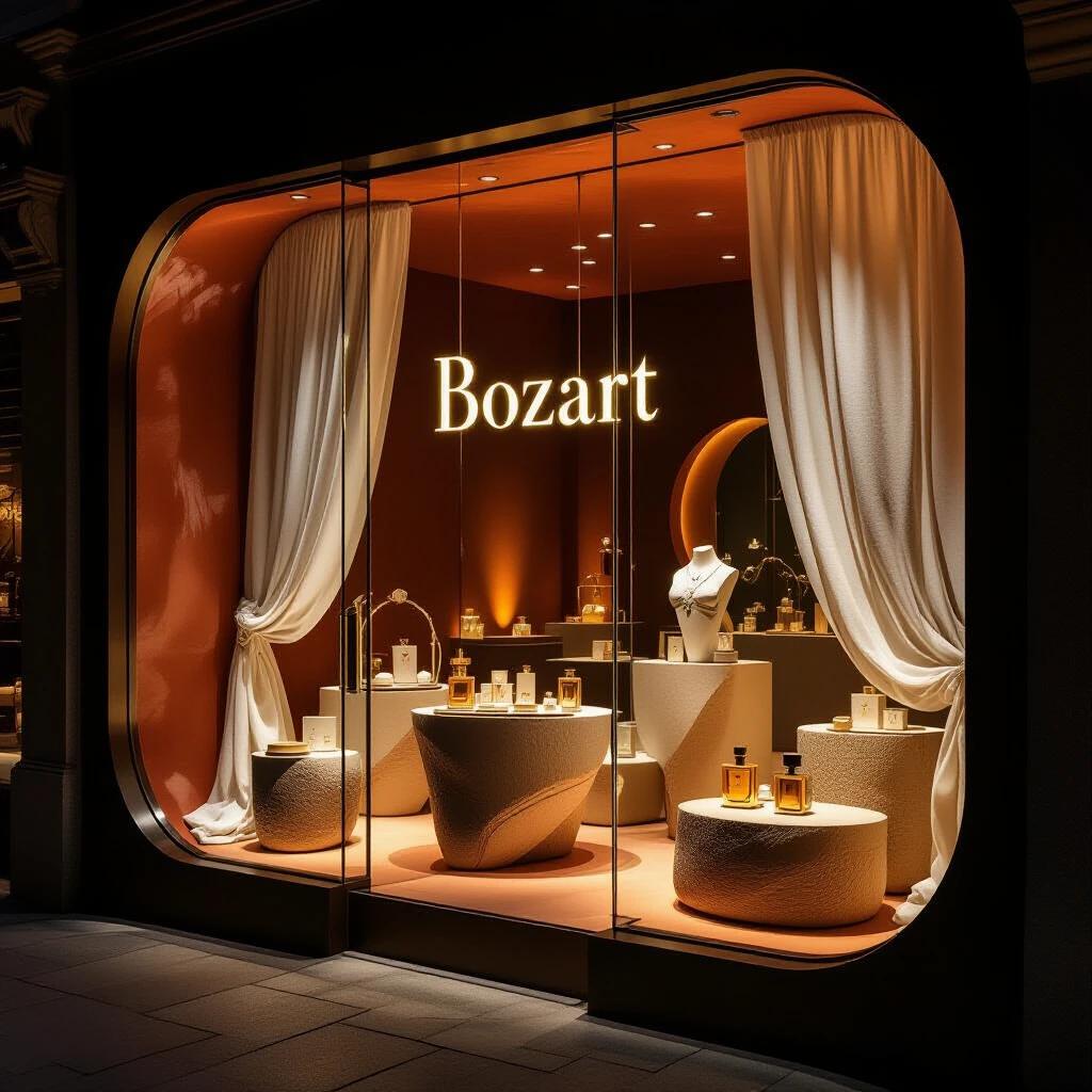 Boutique storefront at night for a luxury brand. The name Bozart glows in gold on crystal glass. Framed with terracotta stone. Inside illuminated with amber light. Jewelry and perfume displayed on sculptural forms. Packaging appears soft and organic. Warm fog surrounds the space.