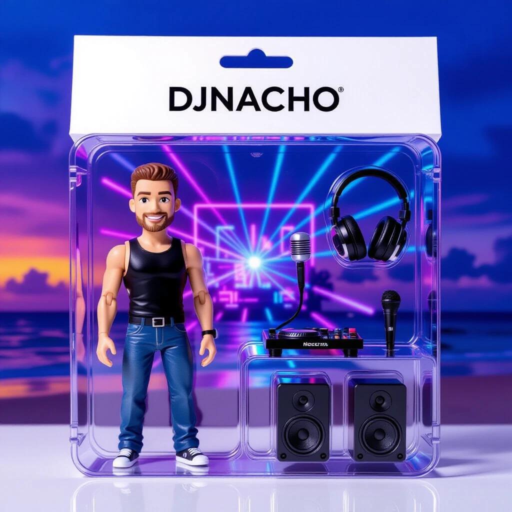 Diagonal view of modern package labeled DJNACHO. Transparent blister pack with collectible figure. Figure has short brown hair and a charismatic smile. Black tank top and jeans. Background shows tropical beach and nightclub with neon lights. Contains accessories like headphones, DJ console, microphone, and speaker. Features Spanish flag and Facebook badge. Silver logo and neon blue vinyl icon. Soft lighting and reflections enhance depth.