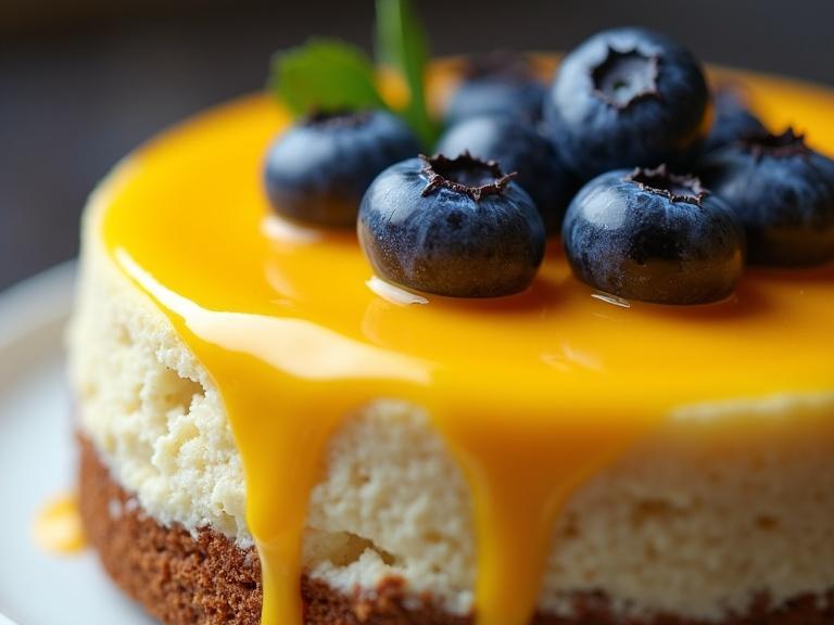 Close-up of a cheesecake topped with blueberries and a yellow glaze. Dessert is beautifully presented with cinematic lighting. The image is sharp and ultra-realistic. It showcases the texture of the cheesecake and the fresh blueberries.
