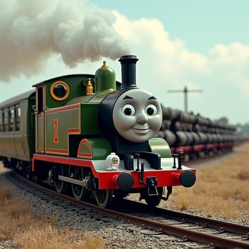 Thomas the Tank Engine pulling a train filled with cannons and war weapons. Bright colors with green and black steam engine.
