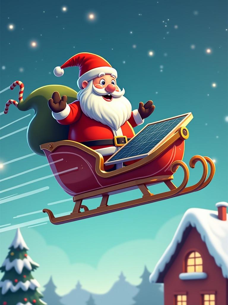 Santa Claus flies a futuristic sleigh with a large solar panel. Sleigh moves swiftly over a snowy house. Scene depicted in a cartoon style.