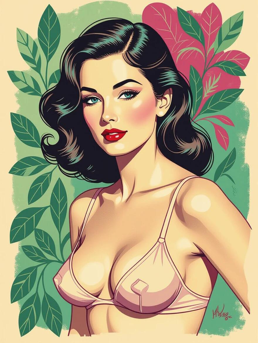 A stylized depiction of a nude woman inspired by Warhol and Matisse. The artwork incorporates shades of green and magenta. The figure is adorned with soft lighting against a background of vibrant leaves.