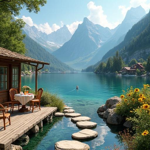 Stepping stones cross a peaceful pond leading to a tea house. Hyper-realistic lakeside mountain view from a rustic wooden patio. Small wooden table with chairs, white tablecloth, teacups, teapot, and fresh flower petals on the table. Bright sunflowers line the patio. Crystal-clear blue lake reflects mountains and a vibrant sky. Quaint Alpine houses on far shore with a figure rowing a boat. Warm daylight enhances tranquility.