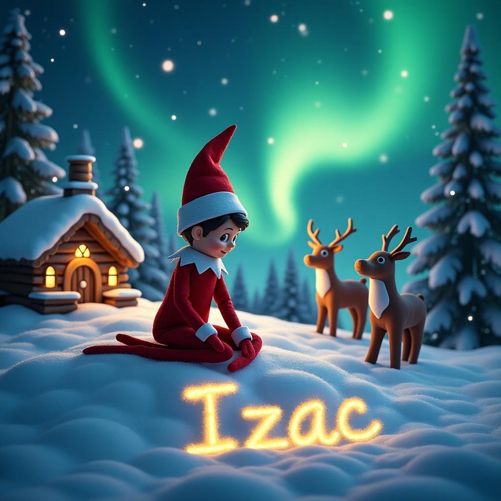 Elf on the shelf sitting in snow with northern lights in the background. Reindeer beside cottage. Name Izac written in the snow.