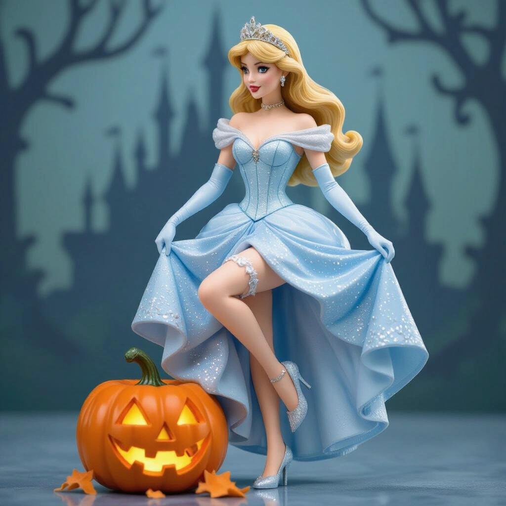 Ultra-detailed resin figurine inspired by Cinderella. Fair-skinned woman with a curvaceous figure, long half-tied blonde hair, and a sparkling tiara. She stands in an elegant pose, one leg raised on a broken pumpkin. Adjusting her thigh garter with one hand, while other hand rests on her skirt. Wearing glass slippers and a light blue corset with sweetheart neckline. Elbow-length gloves and teardrop earring complete the look. Base features broken pumpkins, crystals, petals, and pocket watch fragments. Strong silhouette with elegant and narrative style.