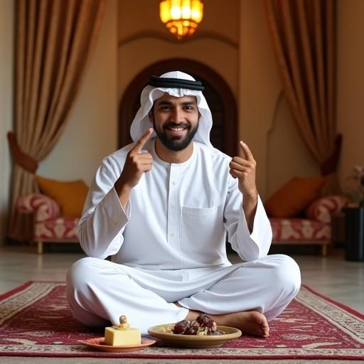 A Gulf Arab man sitting cross-legged on a traditional Arabic rug in a majlis setting. He wears a white thobe, ghutra, and agal while holding cheese with two fingers and smiling. Around him are dates, tea, and small cheese plates. The setting has warm ambient light from a ceiling lantern and daylight coming from the side. The background features elegant curtains and traditional Arabic cushions. The style includes rich detail and soft golden tones.
