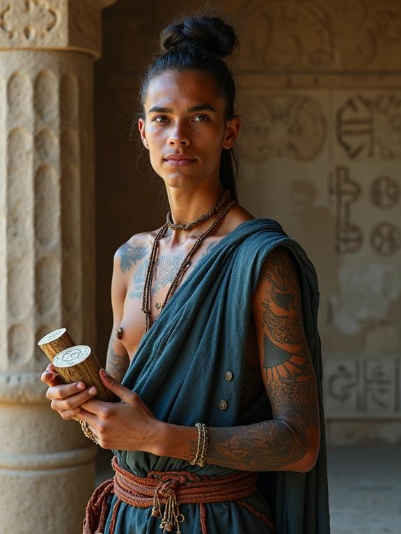 Medium shot portrait of a tribal scholar in a reconstructed Iron Age society. Elegant robes woven from natural fibers hand-dyed with faded colors. Tattoos represent written language and solar calendars. Scholar holds a scroll case made of bark and bronze. Set in a stone hall with murals and symbols. Cool ambient light with realistic DSLR style.