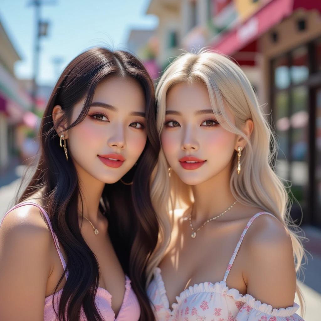 Lisa and Jennie from Blackpink captured in a warm atmosphere. They are wearing stylish outfits while looking at the camera in a vibrant street setting.