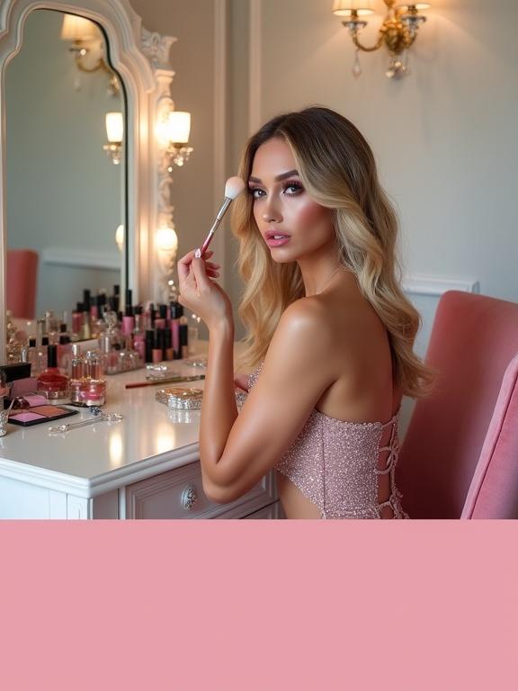 A feminine character applies makeup at a white vanity table in a luxurious dressing room. She wears heavy makeup with false eyelashes and styled blonde hair. A makeup brush is in her hand. The vanity has various cosmetics. A large mirror reflects her smile. The room has warm lighting and a pink theme. Soft focused on subject with blurred background.