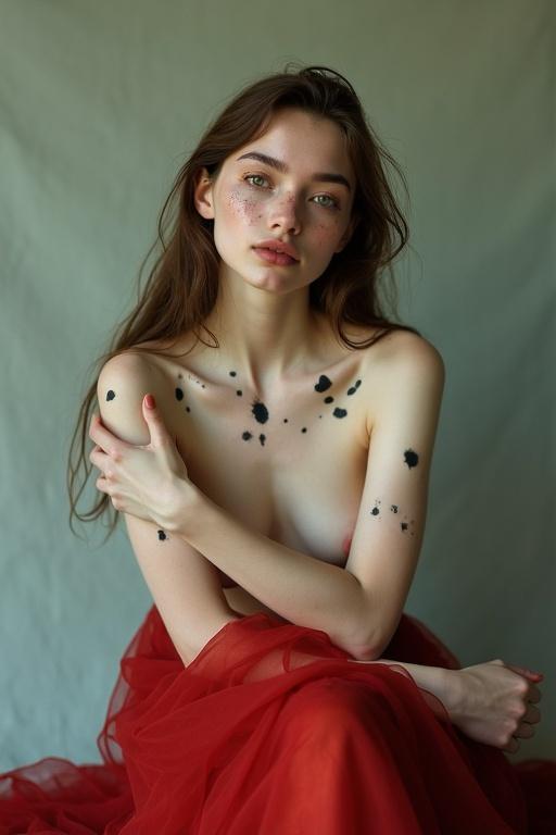 Fine art conceptual portrait photography. Young woman with delicate beauty against grey-green backdrop. Body covered in painterly black spots. Long chestnut hair frames porcelain skin. Serene expression, rosy cheeks. Seated gracefully in deep red fabric. Atmosphere is minimalistic and painterly.