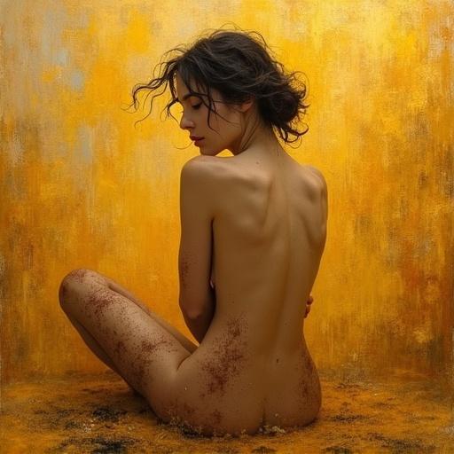 Oil painting of a woman with ash-dusted limbs in a golden environment Emphasis on movement Rich texture and color Subtle hues suggesting memories Delicate marks enhancing complexity Soft light on pigment