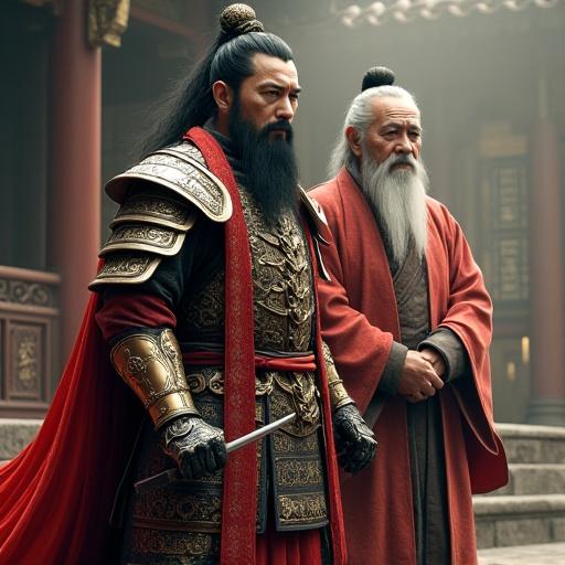 Chinese warlord wears ornate lion-shaped armor. Old advisor in scholar robes beside him. Set in Three Kingdoms era. Dark fantasy style.  Dramatic lighting enhances depth and detail. Oil painting texture adds richness. Adobe Unreal Engine rendering brings out cinematic quality.