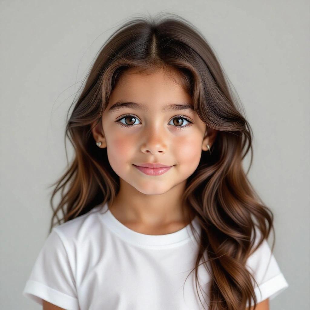 A girl around 7 years old with long dark brown hair and black eyes. The girl has thick brown eyebrows and fair skin. She wears a white t-shirt and has a gentle smile.