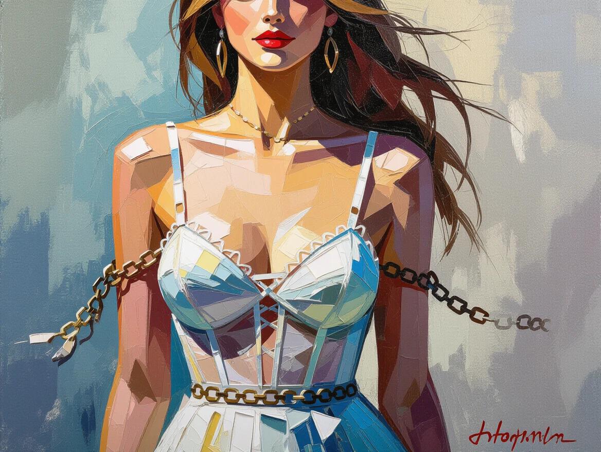 A textured impasto painting with swirling brushstrokes in the style of Impressionism. The artwork features a figure adorned with delicate straps and chains, symbolizing independence.