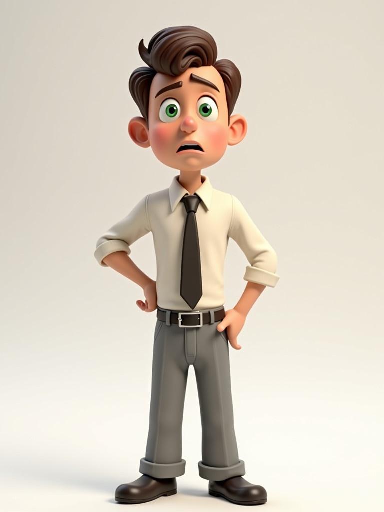 Stylized male cartoon character standing confidently in T-pose. Character appears mid 40s with brown hair and green eyes. Dressed in formal shirt and gray linen pants. Designed in 3D animation style.