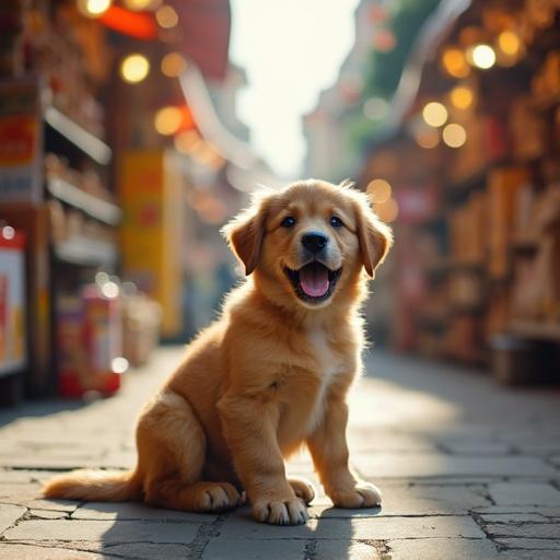 A male puppy sits in a market. The atmosphere is lively with shops and soft lighting. The puppy appears charming and innocent. Nearby, a female puppy is visibly upset. The setting suggests an emotional moment between them.