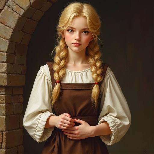 Costumed like a villager from a fantasy RPG. Human female with blonde hair styled in braids. Figure works at an inn. Full-length portrait painting in a medieval setting.