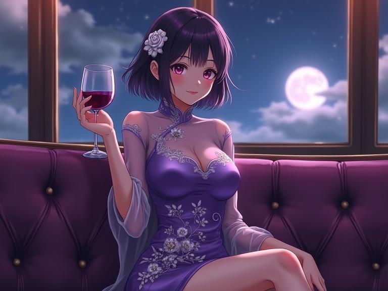 A glamorous anime woman sits on a plush purple sofa. She wears a glossy violet cheongsam with silver embroidered flowers. A rose is in her short dark purple bob hairstyle. A full moon is visible through the window. She holds a wine glass with purple liquid and gazes towards the viewer. Soft warm lighting enhances the scene in a retro coffee shop setting.