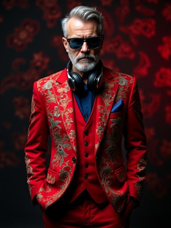 A handsome middle-aged man wears a vivid red suit with intricate floral embroidery. He has very short hair on the sides with silver streaks and a full trimmed beard. He has rectangular thick rim sunglasses and headphones around his neck. The background is black with swirling red patterns. The model stands confidently with hands in pockets. The lighting is studio style and the focus is sharp.