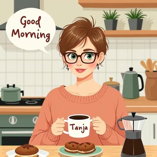 Stylized illustration of a woman in a kitchen enjoying coffee. Warm colors in the setting. She has glasses and a lightbrown pixie cut. The sweater color is light pink-brown. Speech bubble with 'Good Morning.' Baked goods on the table.