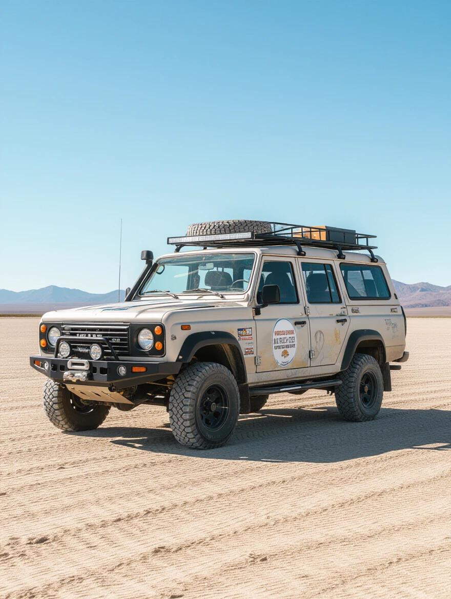 Create an off-road vehicle in a desert environment showing rugged features and adventure capabilities