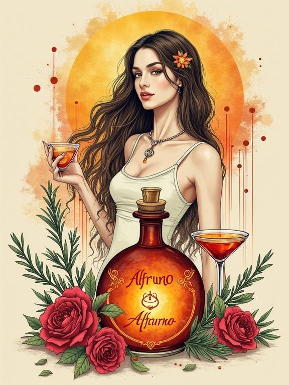 A portal to an alchemist distillery. Modern copper still in a vibrant ink and watercolor illustration. A minimalist portrait of a modern goddess offering a toast. Cascading long hair and nature-inspired jewelry. Apothecary-style liqueur bottle labeled 'ALFRUNO' radiating with a golden-reddish glow. Two cocktail glasses flank the bottle. Roses and rosemary beside the bottle. Floral patterns in the background. The phrase 'Genuss aus dem Garten der Natur - wild und besonders' in elegant typography. A mix of fantasy, mystery, and nostalgia with a connection to nature.