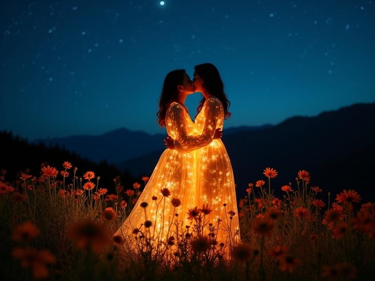 Two silhouetted women hugging and kissing in a field. Both wear glowing, transparent nightgowns decorated with orange flowers. Night sky filled with stars in the background. Ethereal atmosphere with distant mountains and wildflowers.