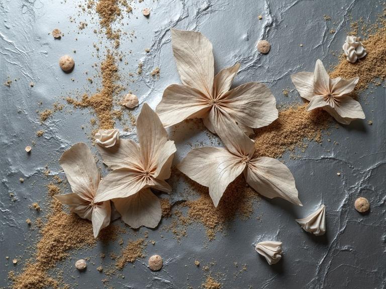 Delicate textured flowers arranged on a silver surface. Mixed media elements include sand and cream-colored flowers. Close-up composition featuring artistic textures, showcasing details of flower petals and background materials.
