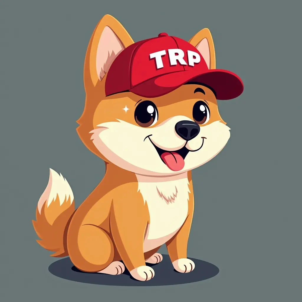 Generate a shiba dog cartoon wearing a red cap called $TRP. The dog looks cheerful and friendly, sitting with a playful expression. The design is colorful and eye-catching.