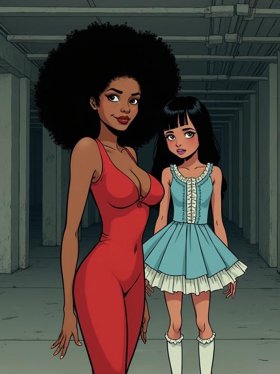 Illustration in the style of Greg Tocchini. Two black women standing together. Mother in tight red dress. Daughter in frilly blue dress. They are in an underground garage.