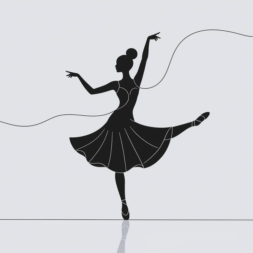 Continuous black line forms a silhouette of a dancer on white background. Upward flick and soft curve suggest movement. Extended leg appears diagonal to showcase balance. Pure negative space encourages viewer's interpretation of the dancer's form.