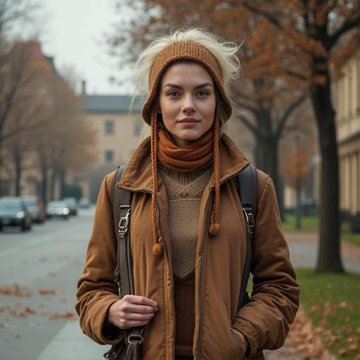 Woman standing on a city street in autumn outfit. She has long blonde hair and wears a knitted hat and scarf. The environment is urban with trees and buildings in the background.