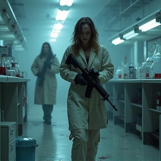 Photorealistic image of two disheveled assassins in a lab holding rifles. Scientists are deceased and bleeding on the floor. Brightly lit lab filled with beakers and equipment. Focus on characters moving cautiously through the scene.