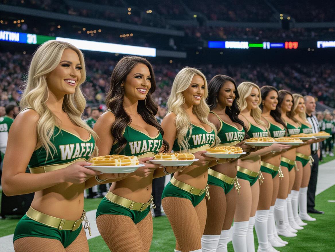 Various cheerleaders in revealing green and gold uniforms offer waffles and beer. Bright lights illuminate the football crowd in the background. Cheerleaders display a fun and lively atmosphere at the game.