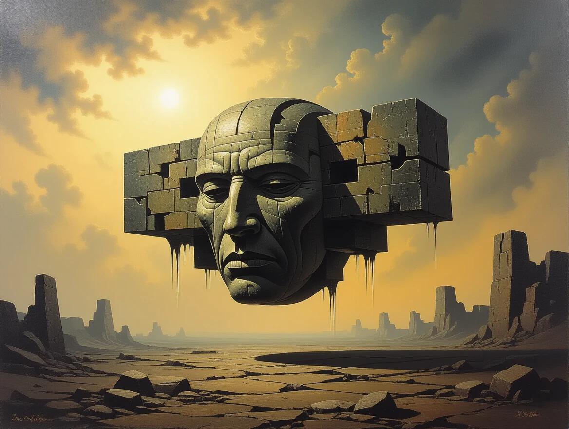 A masterpiece of sculptural oil painting showcased in a dark fantasy landscape. An aggressive neotribal artifact hovers silently in the air. The artifact features thick, matte oil paint and has a non-anatomical appearance. Its surface is rough, avoiding any shiny or metallic details. The scene captures the essence of dystopian surrealism.