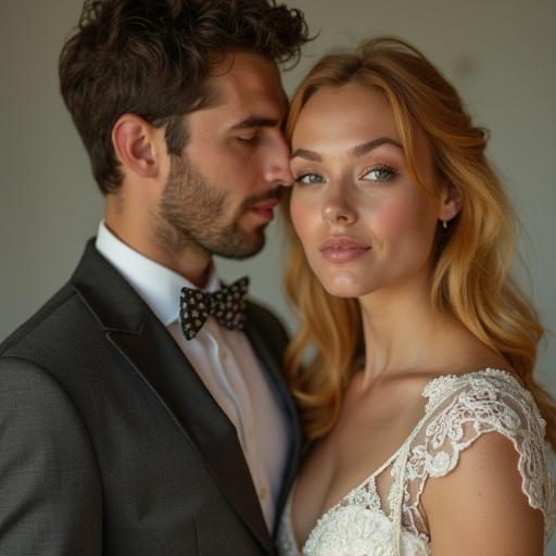 Image of a couple getting married. The man has a playful smile. The woman has blonde hair and striking features. Focus on their expressions. The setting is soft and intimate.