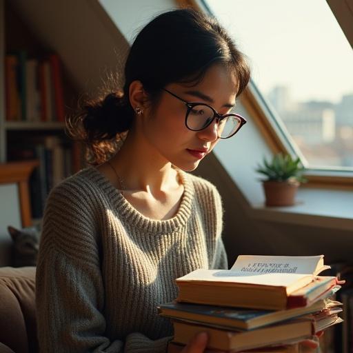 A woman stacking novels with a book on her hip. Dark hair in low ponytail. She wears bent glasses. A silver chain appears from her sweater. A faint childhood scar is on her left eyebrow. She adjusts her glasses, lips pursed in thought. Sunlight highlights fine lines around her eyes. A cat curls on a chair nearby. Warm light creates a cozy mood.