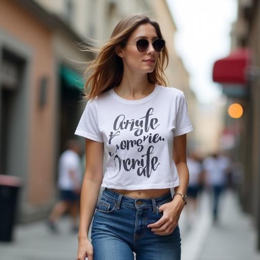 A woman in a white cropped t-shirt and low rise jeans walking down a street. She appears fashionable and confident in a casual urban setting.